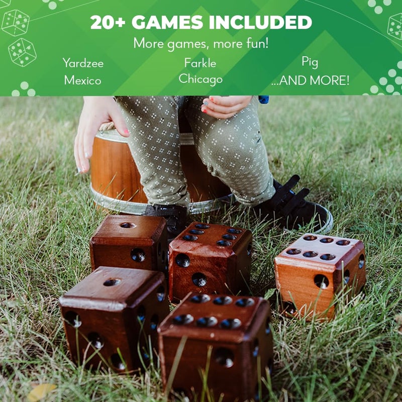 SWOOC Games - Yardzee, Farkle & 20+ Giant Dice Games (All Weather) Yard Dice with Wooden Bucket, 5 Scorecards & Marker - Jumbo Dice Yard Game - Extra Large Yard Games for Adults - Jumbo Lawn Games - Image 4